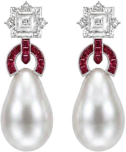 Pair of pearl drop earrings with diamond and ruby settings